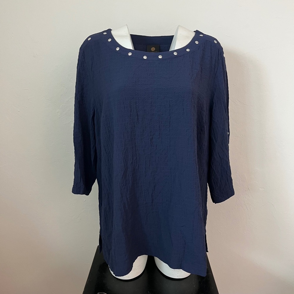 JM Collection Navy Blue Studded Scoop Neck 3/4 Sleeve Textured Top XXL